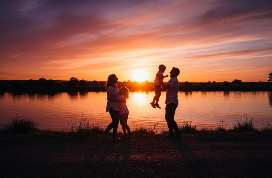 Horsham authentic family portraits Wimmera featuring a joyful family silhouetted against a dramatic golden hour sunset over the Wimmera River, with children laughing and parents embracing.