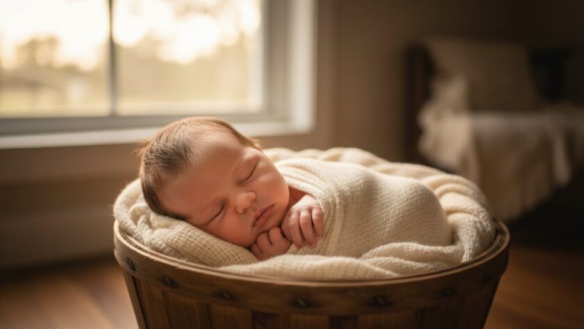 Horsham Newborn Photography Capturing Tiny Treasures with a heartwarming close-up of a sleeping baby swaddled in soft white, bathed in ethereal morning light, an epic moment of innocence.