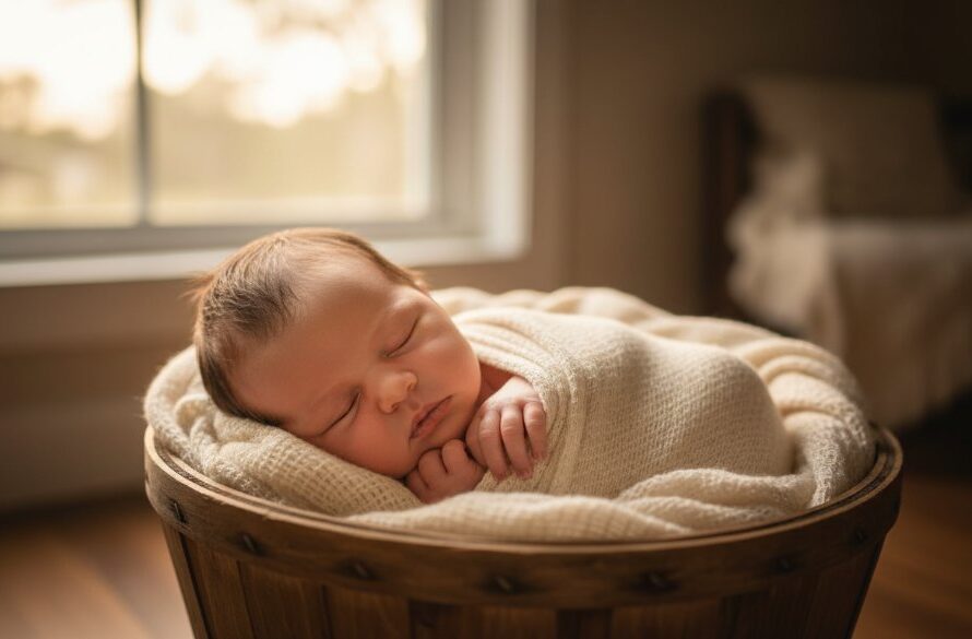Horsham Newborn Photography Capturing Tiny Treasures with a heartwarming close-up of a sleeping baby swaddled in soft white, bathed in ethereal morning light, an epic moment of innocence.