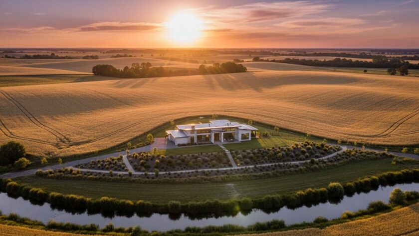 An epic aerial shot showcasing a modern family home in Horsham, Victoria, bathed in the warm glow of a sunrise, highlighting its spacious outdoor area and connection to the vast Wimmera landscape, perfectly demonstrating the Horsham property photography marketing edge for attracting buyers.