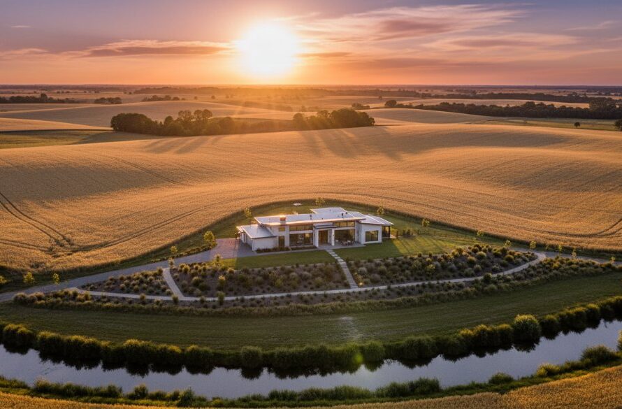 An epic aerial shot showcasing a modern family home in Horsham, Victoria, bathed in the warm glow of a sunrise, highlighting its spacious outdoor area and connection to the vast Wimmera landscape, perfectly demonstrating the Horsham property photography marketing edge for attracting buyers.