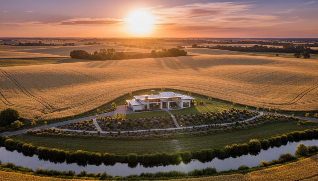 An epic aerial shot showcasing a modern family home in Horsham, Victoria, bathed in the warm glow of a sunrise, highlighting its spacious outdoor area and connection to the vast Wimmera landscape, perfectly demonstrating the Horsham property photography marketing edge for attracting buyers.