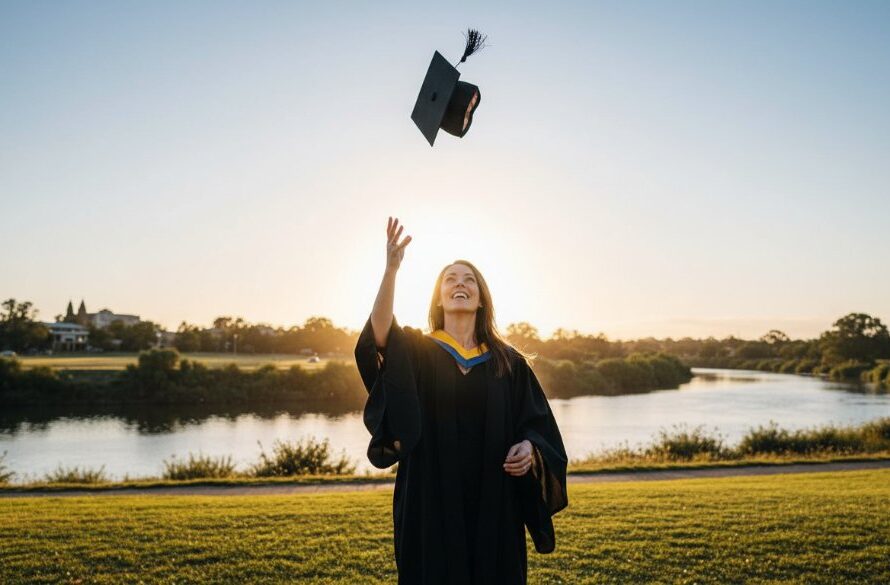 A jubilant graduate in cap and gown, framed by the picturesque Wimmera River landscape in Horsham, celebrating with their diploma held high, capturing the essence of Horsham Victoria graduation milestone photography with dramatic golden hour lighting.