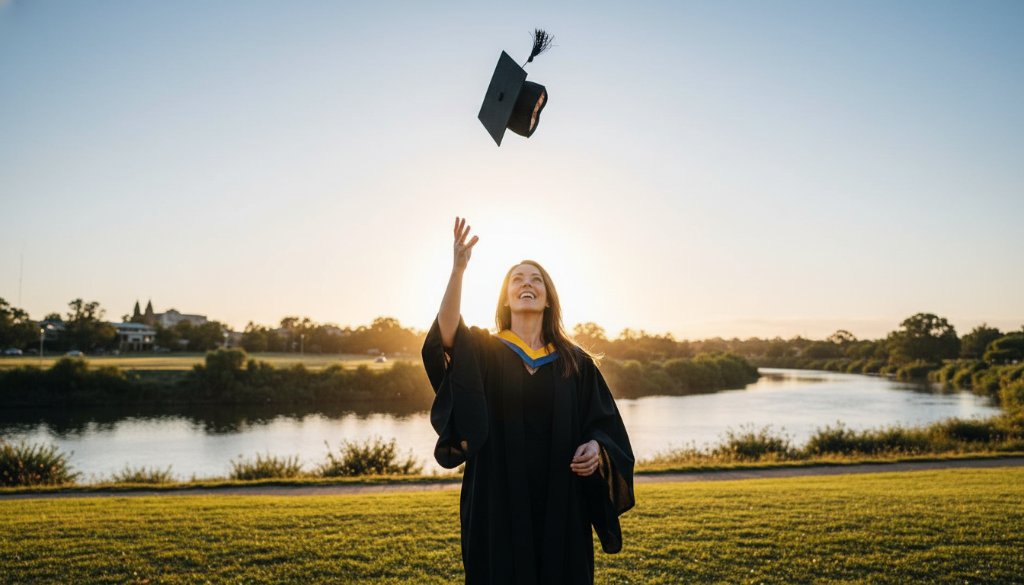 A jubilant graduate in cap and gown, framed by the picturesque Wimmera River landscape in Horsham, celebrating with their diploma held high, capturing the essence of Horsham Victoria graduation milestone photography with dramatic golden hour lighting.