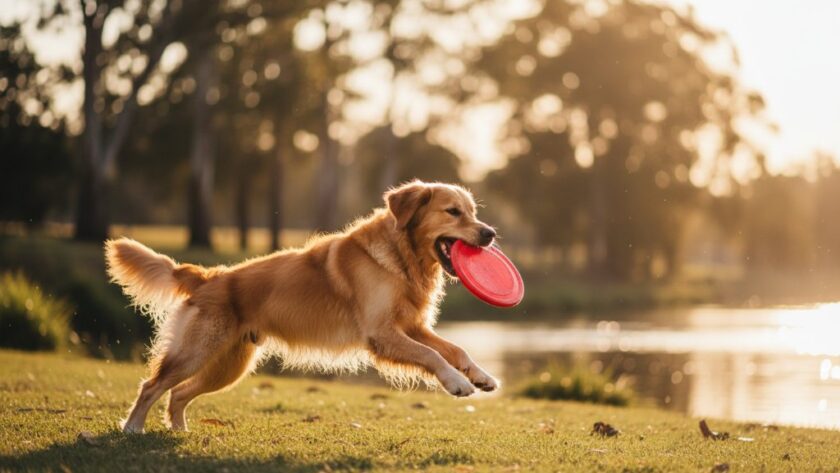 A stunning, professionally lit and color-graded photograph capturing a golden retriever mid-leap, joyfully playing fetch in a sun-drenched Horsham botanical garden, embodying the essence of Horsham Victoria pet photography joyful outdoor portraits.