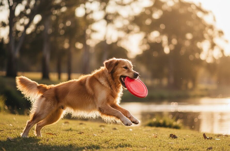 A stunning, professionally lit and color-graded photograph capturing a golden retriever mid-leap, joyfully playing fetch in a sun-drenched Horsham botanical garden, embodying the essence of Horsham Victoria pet photography joyful outdoor portraits.