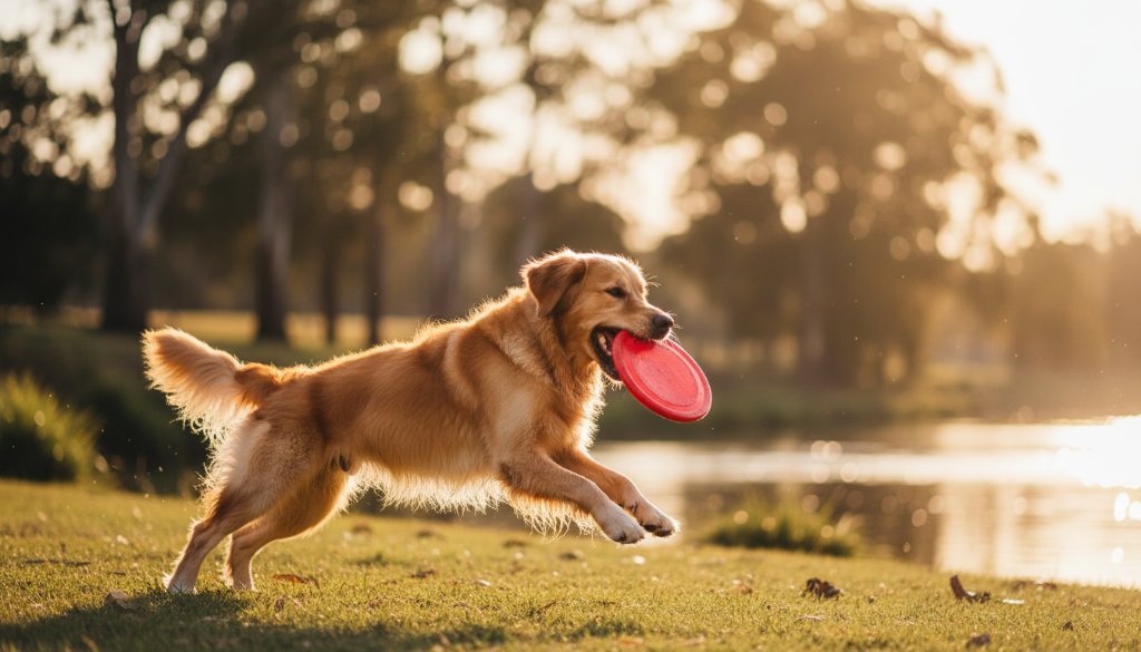 A stunning, professionally lit and color-graded photograph capturing a golden retriever mid-leap, joyfully playing fetch in a sun-drenched Horsham botanical garden, embodying the essence of Horsham Victoria pet photography joyful outdoor portraits.