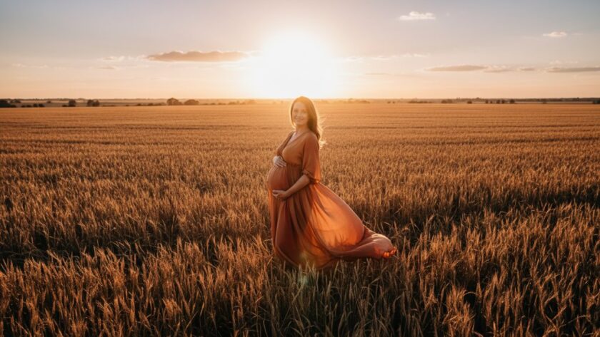 A stunning 'epic moment' photograph of a pregnant woman embracing her bump in a golden hour field in Horsham, Victoria, capturing the essence of a rustic maternity photoshoot with dramatic, warm light and professional colour grading.