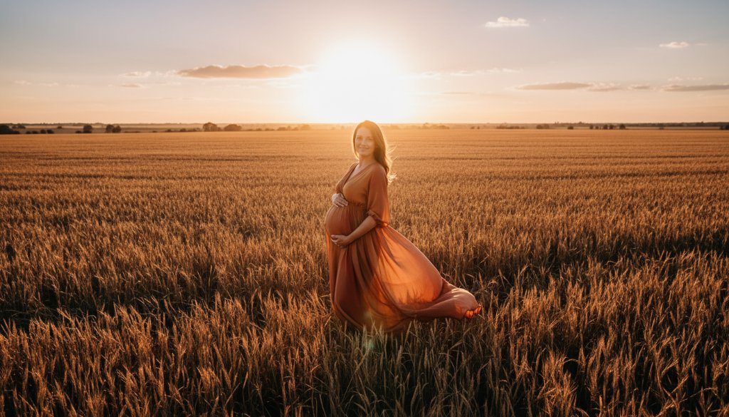 A stunning 'epic moment' photograph of a pregnant woman embracing her bump in a golden hour field in Horsham, Victoria, capturing the essence of a rustic maternity photoshoot with dramatic, warm light and professional colour grading.