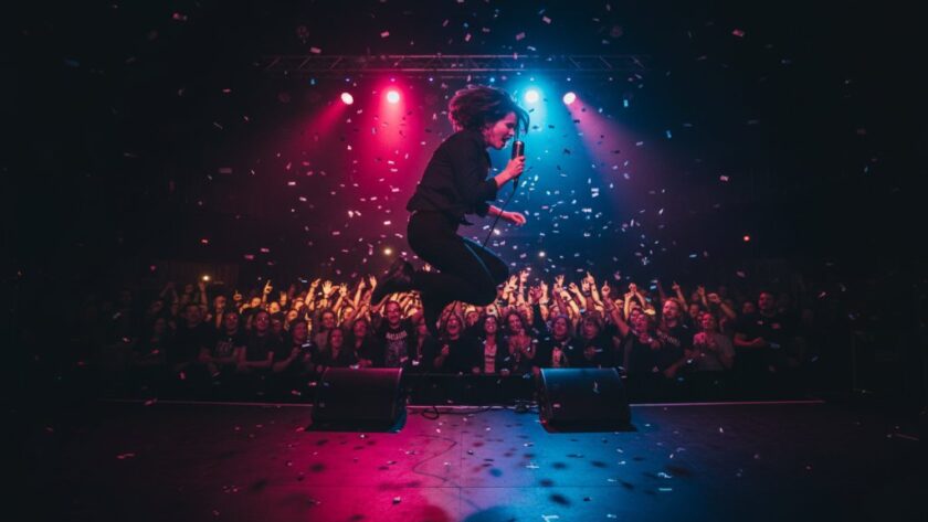 A dynamic wide-angle shot from a Horsham Wimmera live music photography services event, capturing a lead guitarist mid-shred with dramatic stage lights flaring behind them, silhouetted against a vibrant, energetic crowd.