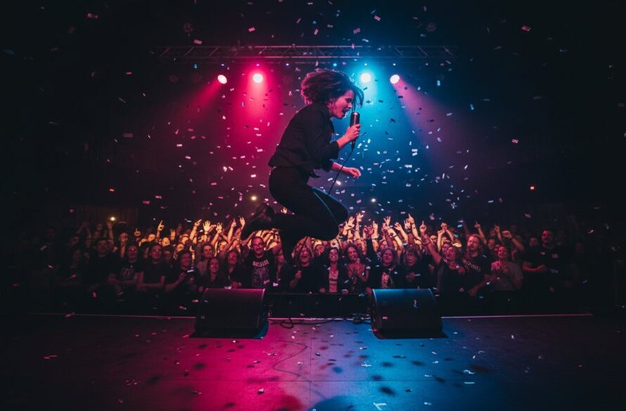 A dynamic wide-angle shot from a Horsham Wimmera live music photography services event, capturing a lead guitarist mid-shred with dramatic stage lights flaring behind them, silhouetted against a vibrant, energetic crowd.
