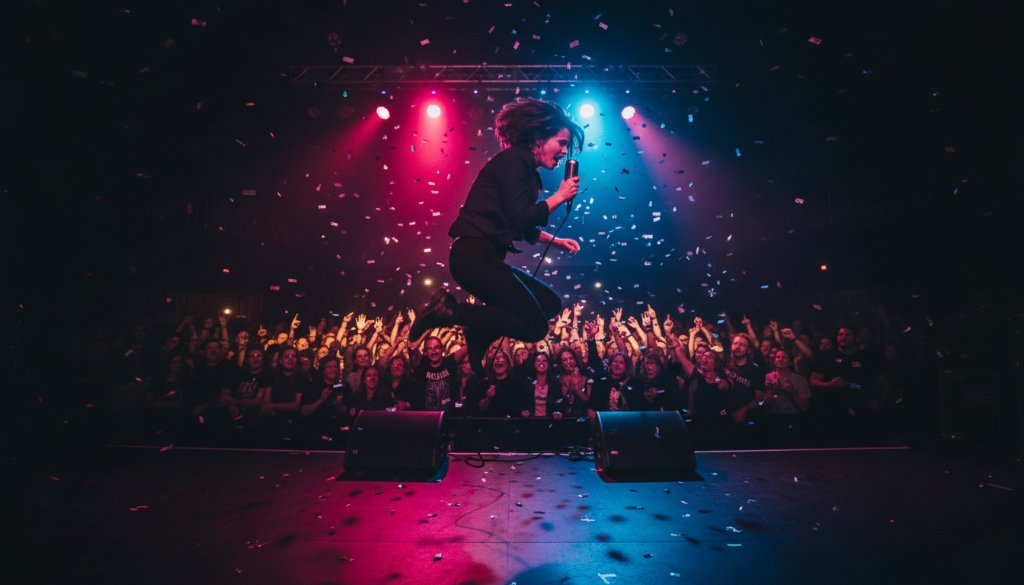 A dynamic wide-angle shot from a Horsham Wimmera live music photography services event, capturing a lead guitarist mid-shred with dramatic stage lights flaring behind them, silhouetted against a vibrant, energetic crowd.