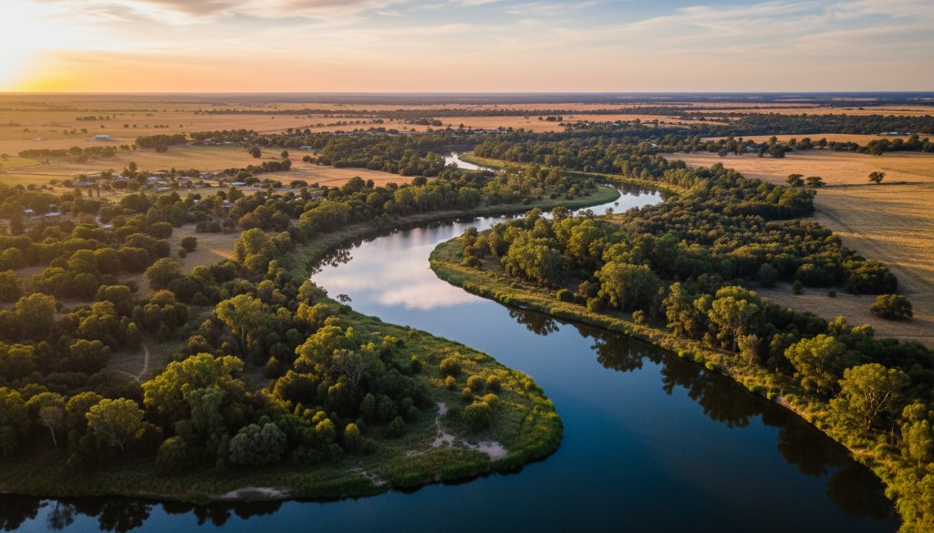 An epic moment captured by professional drone photography, showcasing the majestic Horsham Wimmera River at sunrise, with golden light reflecting off the tranquil water and illuminating the lush riverbanks, highlighting the beauty only Horsham Wimmera River drone photography can reveal.