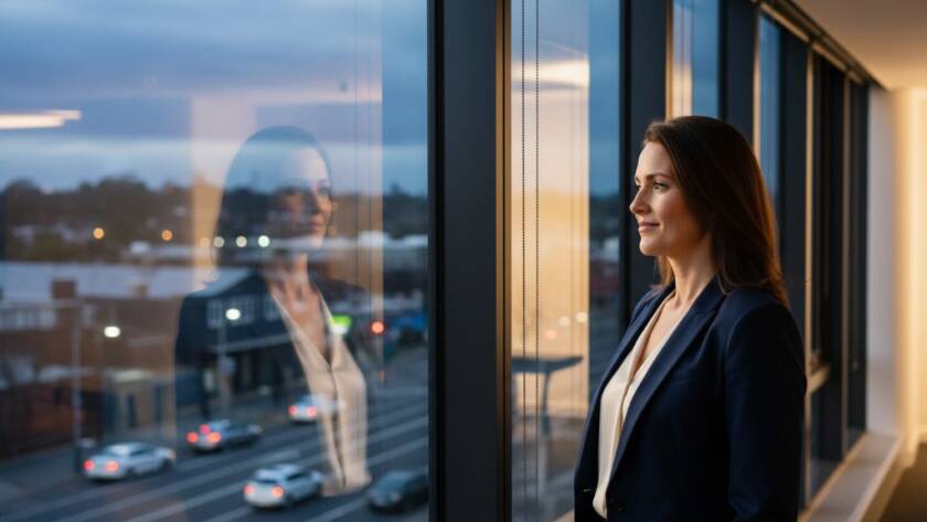 Dynamic high-angle shot of a confident business executive looking towards a bright future, captured in Hughesdale with dramatic, professional lighting, reflecting Image by SD's Hughesdale bespoke corporate photography for executive branding expertise.