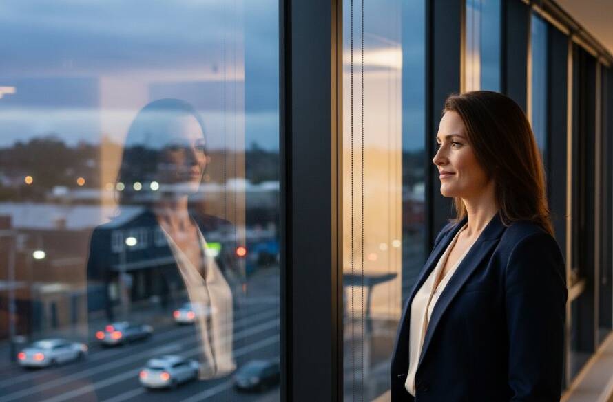 Dynamic high-angle shot of a confident business executive looking towards a bright future, captured in Hughesdale with dramatic, professional lighting, reflecting Image by SD's Hughesdale bespoke corporate photography for executive branding expertise.