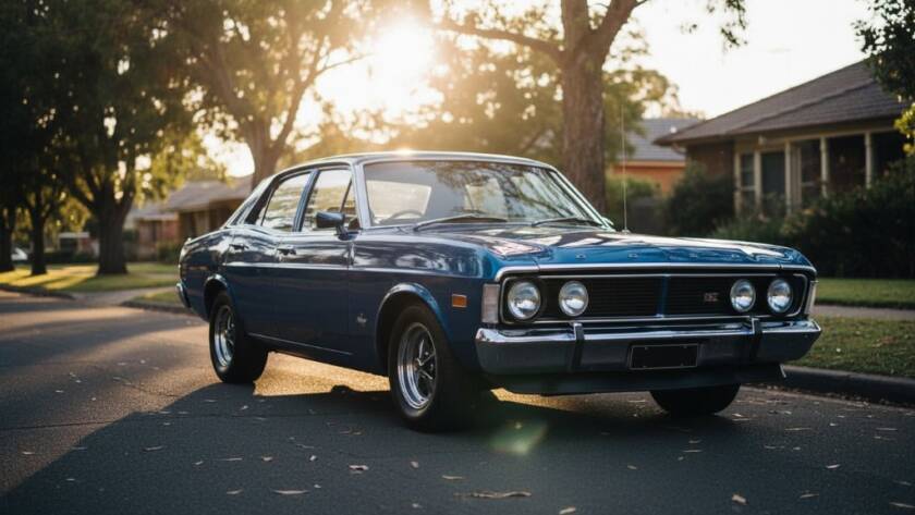 An epic moment captured in Hughesdale classic car photography dynamic shots, showcasing a gleaming vintage muscle car at sunset on a quiet street, with dramatic backlighting highlighting its curves and powerful silhouette, evoking speed and timeless elegance.