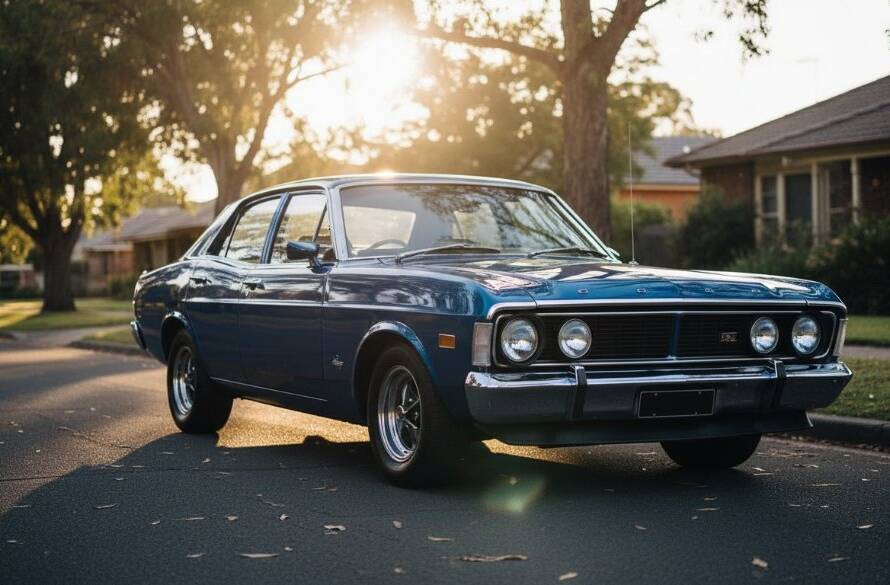 An epic moment captured in Hughesdale classic car photography dynamic shots, showcasing a gleaming vintage muscle car at sunset on a quiet street, with dramatic backlighting highlighting its curves and powerful silhouette, evoking speed and timeless elegance.