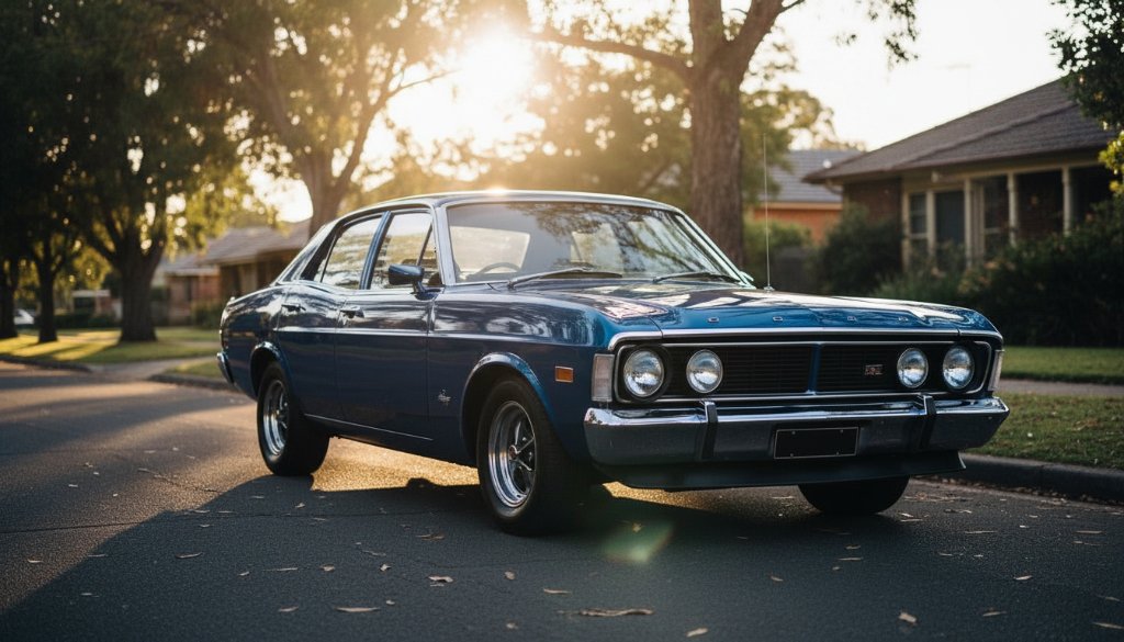 An epic moment captured in Hughesdale classic car photography dynamic shots, showcasing a gleaming vintage muscle car at sunset on a quiet street, with dramatic backlighting highlighting its curves and powerful silhouette, evoking speed and timeless elegance.