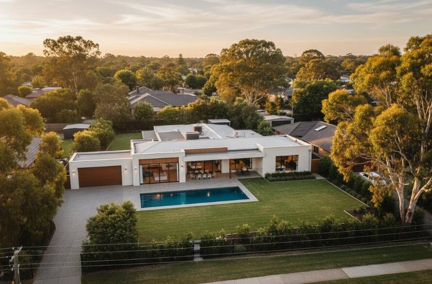 A breathtaking, professional drone photograph capturing an elegant modern home in Hughesdale at golden hour, with expansive green lawns and tree-lined streets, perfectly illustrating the impact of Hughesdale drone photography for elevating local real estate, showcasing an epic moment of suburban charm.