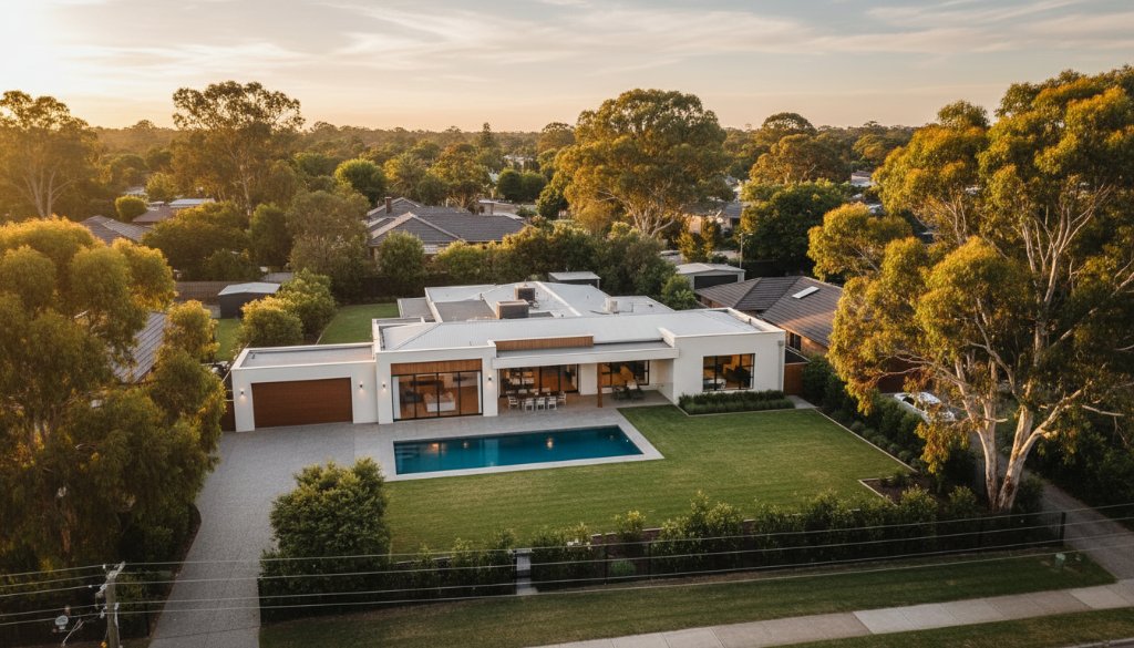 A breathtaking, professional drone photograph capturing an elegant modern home in Hughesdale at golden hour, with expansive green lawns and tree-lined streets, perfectly illustrating the impact of Hughesdale drone photography for elevating local real estate, showcasing an epic moment of suburban charm.