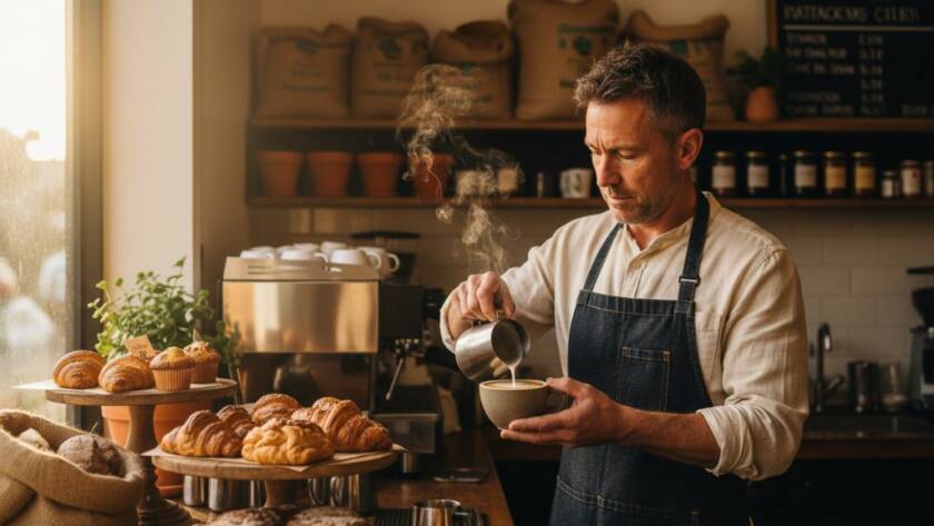 A powerful, dramatically lit portrait showcasing a local Hughesdale business owner in their unique workshop, highlighting professional Hughesdale editorial photography for local businesses, with tools and products artfully arranged in the foreground.