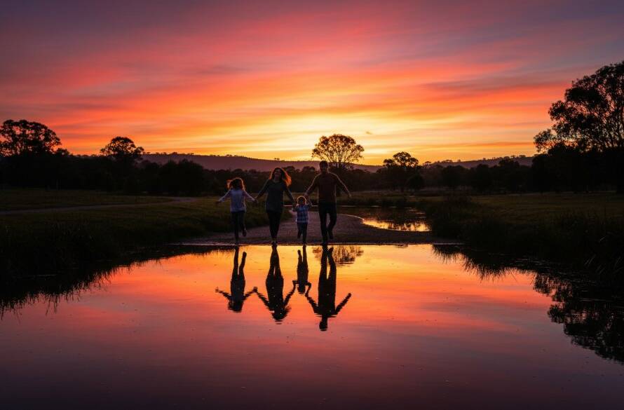 Hughesdale Fine Art Photography for Timeless Portraits: A dramatic, wide-angle shot of a young family silhouetted against a breathtaking sunset over Gardiners Creek, Hughesdale, their laughter echoing, captured with cinematic flair and rich, warm tones.