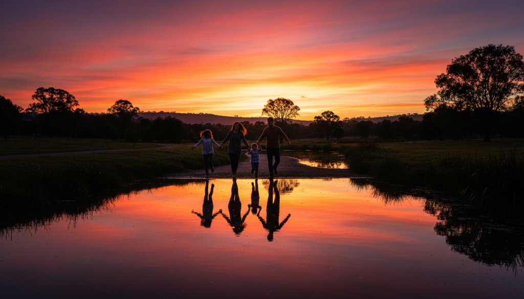 Hughesdale Fine Art Photography for Timeless Portraits: A dramatic, wide-angle shot of a young family silhouetted against a breathtaking sunset over Gardiners Creek, Hughesdale, their laughter echoing, captured with cinematic flair and rich, warm tones.