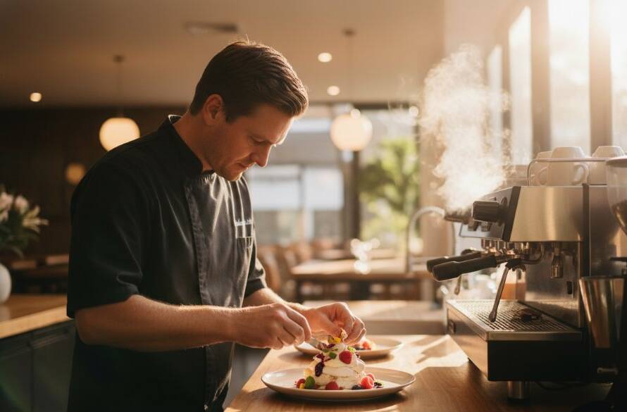 Dynamic wide shot capturing a chef plating a vibrant, aesthetically arranged dish in a modern, sunlit Hughesdale cafe kitchen, showcasing expert Hughesdale food photography for local cafe menus with dramatic, golden hour lighting and bokeh.