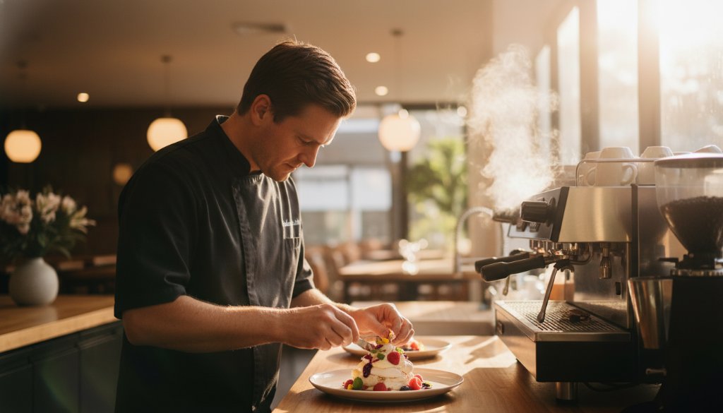 Dynamic wide shot capturing a chef plating a vibrant, aesthetically arranged dish in a modern, sunlit Hughesdale cafe kitchen, showcasing expert Hughesdale food photography for local cafe menus with dramatic, golden hour lighting and bokeh.