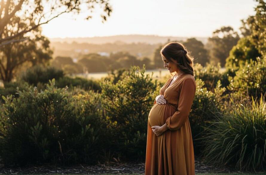 A radiant pregnant woman in a flowing gown stands silhouetted against a dramatic Hughesdale sunset, capturing an epic Hughesdale outdoor maternity photography experience. Golden light bathes her bump, evoking a sense of calm and anticipation, showcasing professional maternity photography.