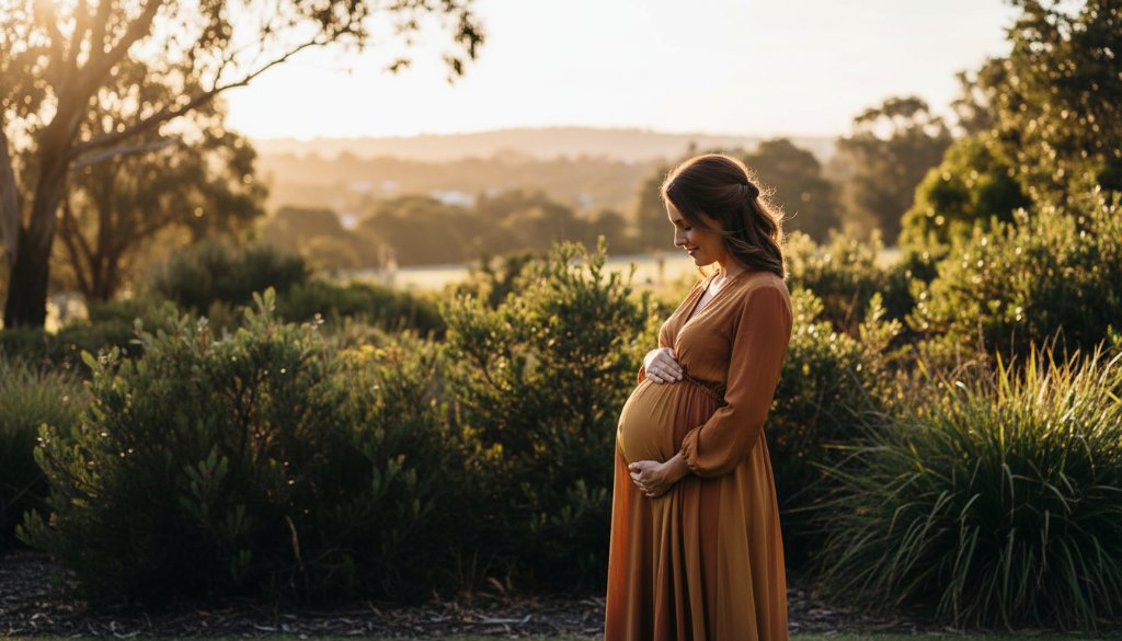 A radiant pregnant woman in a flowing gown stands silhouetted against a dramatic Hughesdale sunset, capturing an epic Hughesdale outdoor maternity photography experience. Golden light bathes her bump, evoking a sense of calm and anticipation, showcasing professional maternity photography.