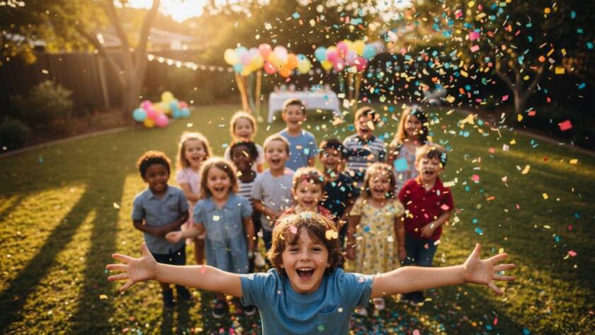Vibrant and dynamic photograph from a Hughesdale party photography capturing authentic joy, featuring a child laughing mid-air during a surprise confetti burst, with soft, golden hour lighting illuminating their joyful expression and surrounding guests.