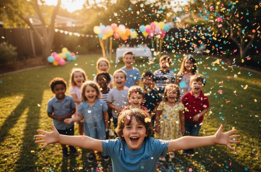 Vibrant and dynamic photograph from a Hughesdale party photography capturing authentic joy, featuring a child laughing mid-air during a surprise confetti burst, with soft, golden hour lighting illuminating their joyful expression and surrounding guests.