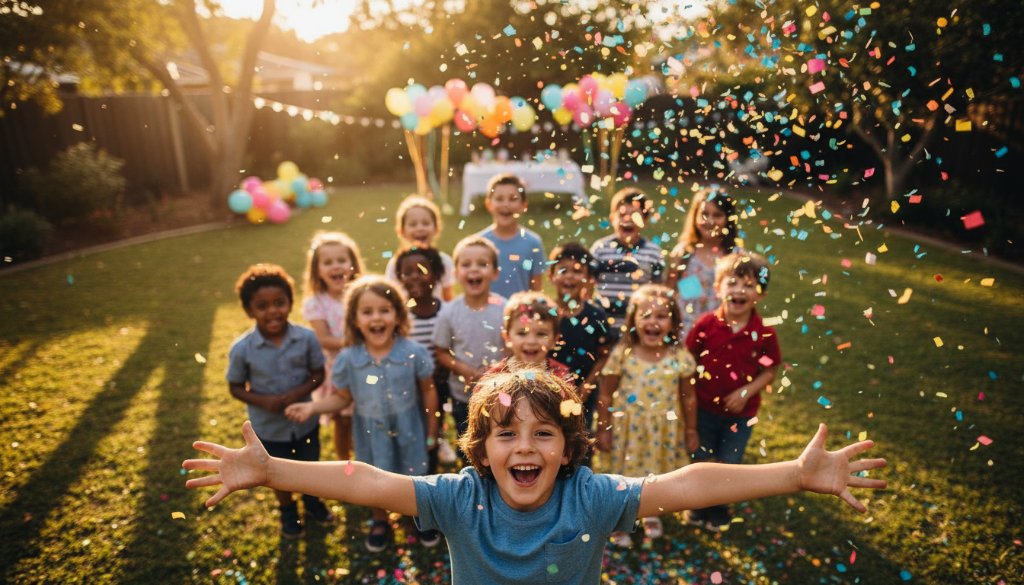 Vibrant and dynamic photograph from a Hughesdale party photography capturing authentic joy, featuring a child laughing mid-air during a surprise confetti burst, with soft, golden hour lighting illuminating their joyful expression and surrounding guests.