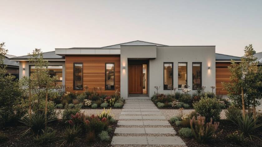 A wide-angle, cinematic photograph showcasing a beautifully staged modern home in Hughesdale, Victoria, bathed in the warm glow of a golden hour sunset, highlighting the spacious living area with large windows overlooking a lush garden. This image exemplifies premium real estate photography Hughesdale Victoria, capturing the aspirational lifestyle for potential buyers.