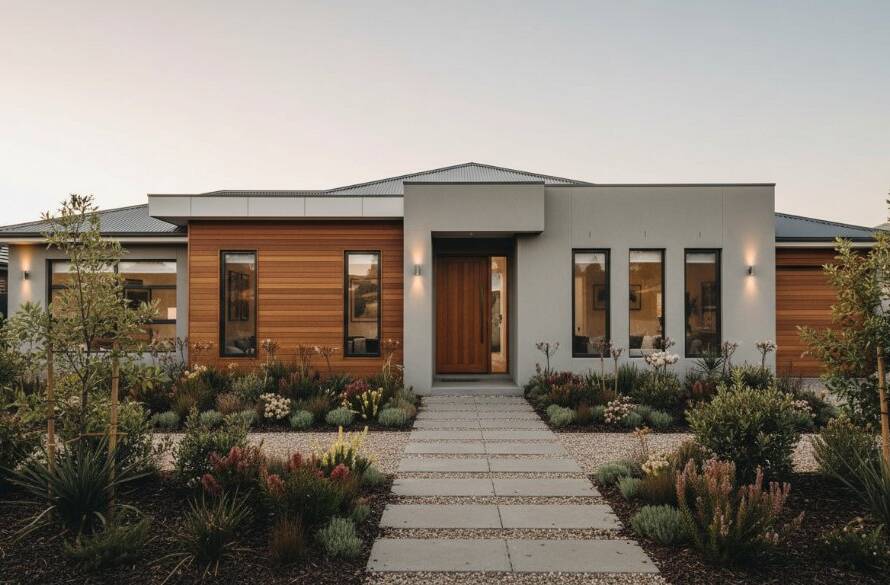 A wide-angle, cinematic photograph showcasing a beautifully staged modern home in Hughesdale, Victoria, bathed in the warm glow of a golden hour sunset, highlighting the spacious living area with large windows overlooking a lush garden. This image exemplifies premium real estate photography Hughesdale Victoria, capturing the aspirational lifestyle for potential buyers.