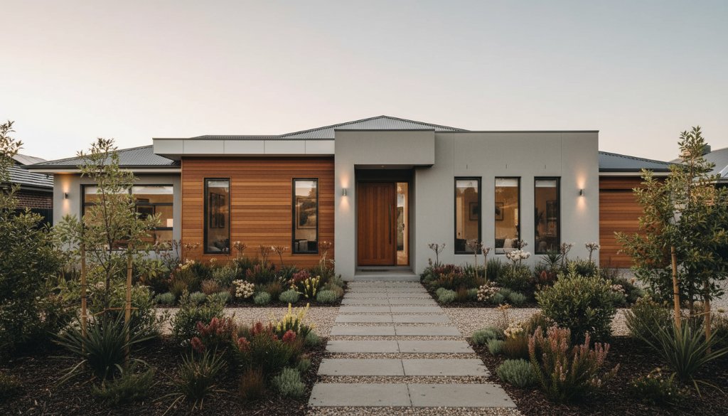 A wide-angle, cinematic photograph showcasing a beautifully staged modern home in Hughesdale, Victoria, bathed in the warm glow of a golden hour sunset, highlighting the spacious living area with large windows overlooking a lush garden. This image exemplifies premium real estate photography Hughesdale Victoria, capturing the aspirational lifestyle for potential buyers.