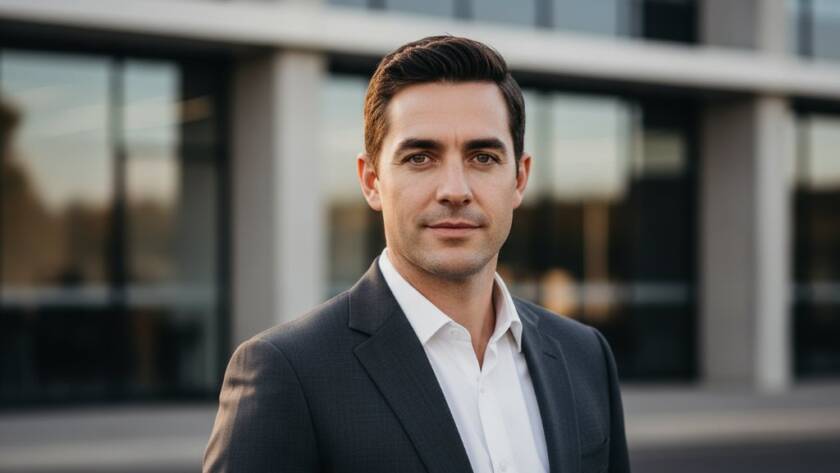 A confident professional in Hughesdale, captured in an epic, dramatic close-up for Hughesdale Professional Headshots for Career Growth, with a blurred, sophisticated background, showcasing professionalism and ambition with cinematic lighting.