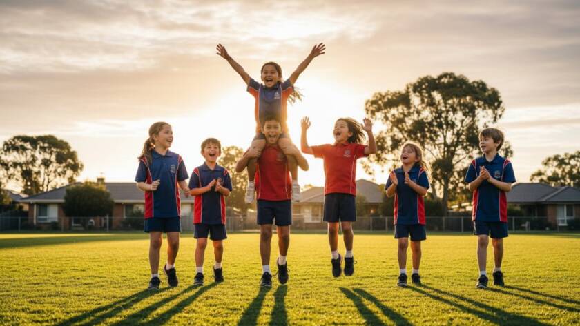 Dynamic, wide-angle shot of a group of primary school children in Hughesdale, Victoria, joyfully celebrating a sporting victory on a sunny oval, capturing their authentic smiles and exuberance through Hughesdale school photography unforgettable moments, with dramatic natural light highlighting their faces and the action.