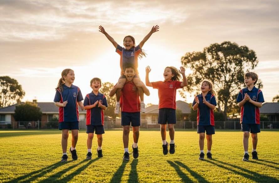 Dynamic, wide-angle shot of a group of primary school children in Hughesdale, Victoria, joyfully celebrating a sporting victory on a sunny oval, capturing their authentic smiles and exuberance through Hughesdale school photography unforgettable moments, with dramatic natural light highlighting their faces and the action.