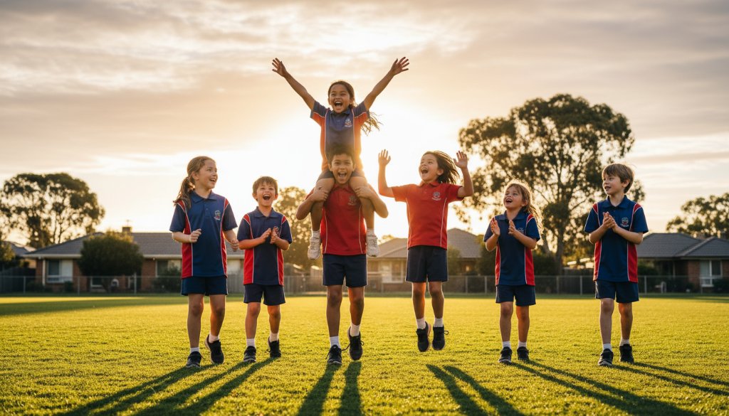 Dynamic, wide-angle shot of a group of primary school children in Hughesdale, Victoria, joyfully celebrating a sporting victory on a sunny oval, capturing their authentic smiles and exuberance through Hughesdale school photography unforgettable moments, with dramatic natural light highlighting their faces and the action.