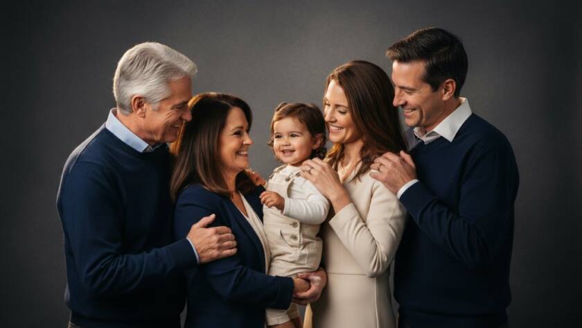 An epic, emotionally resonant photograph capturing a multi-generational family group smiling and laughing in a professionally lit studio, showcasing the vibrant joy of Hughesdale studio photography vibrant family portraits, with dramatic, warm lighting and rich, professional colour grading.