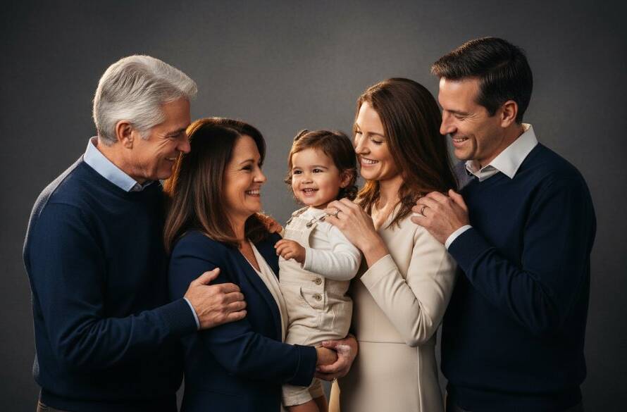 An epic, emotionally resonant photograph capturing a multi-generational family group smiling and laughing in a professionally lit studio, showcasing the vibrant joy of Hughesdale studio photography vibrant family portraits, with dramatic, warm lighting and rich, professional colour grading.