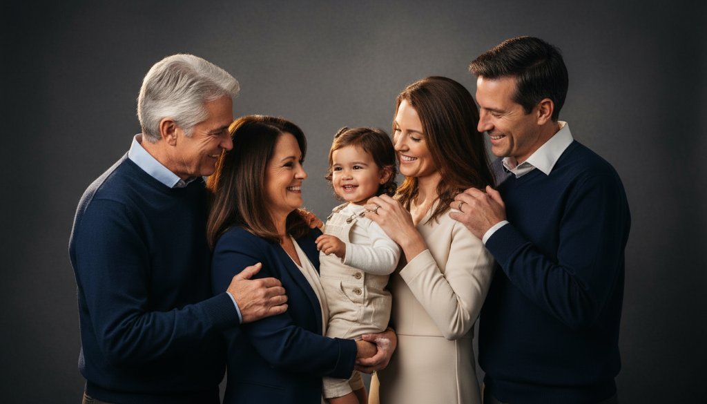 An epic, emotionally resonant photograph capturing a multi-generational family group smiling and laughing in a professionally lit studio, showcasing the vibrant joy of Hughesdale studio photography vibrant family portraits, with dramatic, warm lighting and rich, professional colour grading.