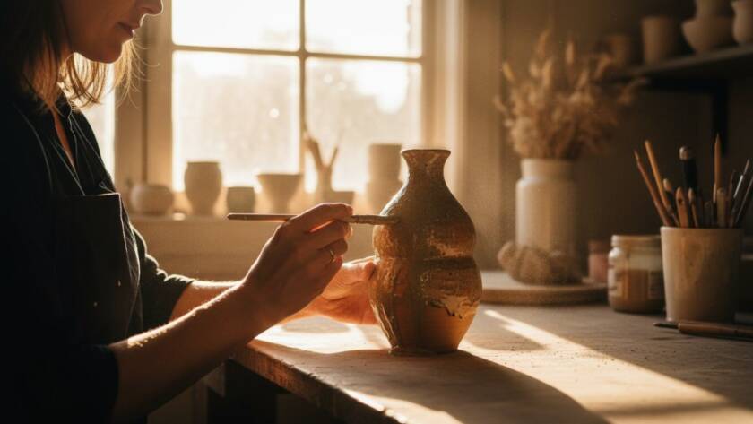 Dramatic close-up of an artisan's hands carefully glazing a unique ceramic vase, bathed in golden hour studio light, highlighting the intricate craftsmanship for Hughesdale Victoria Product Photography for Artisanal Brands. The image captures the essence of creation and quality.