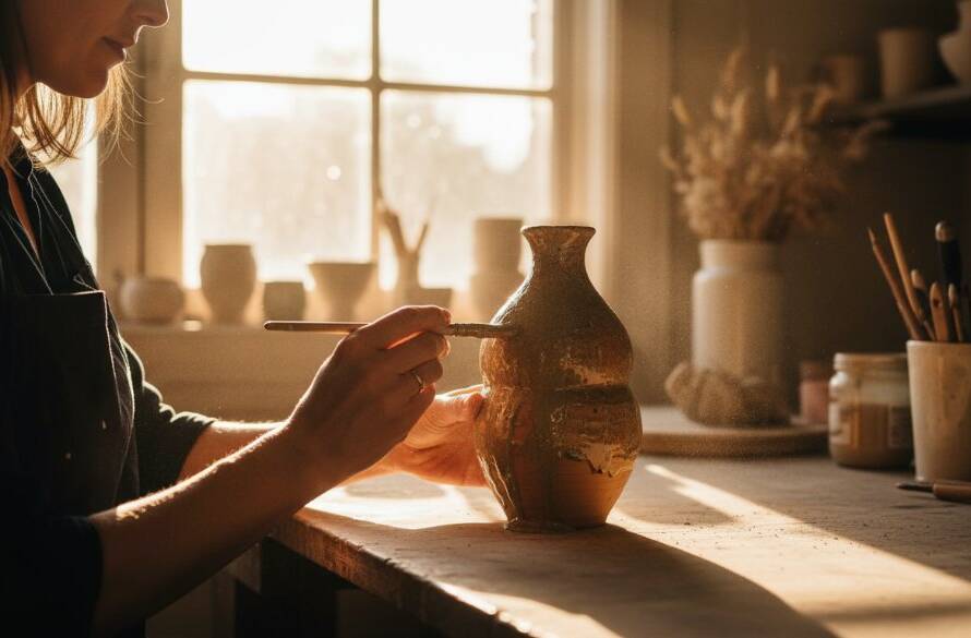 Dramatic close-up of an artisan's hands carefully glazing a unique ceramic vase, bathed in golden hour studio light, highlighting the intricate craftsmanship for Hughesdale Victoria Product Photography for Artisanal Brands. The image captures the essence of creation and quality.