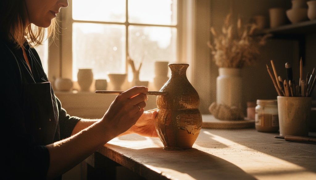 Dramatic close-up of an artisan's hands carefully glazing a unique ceramic vase, bathed in golden hour studio light, highlighting the intricate craftsmanship for Hughesdale Victoria Product Photography for Artisanal Brands. The image captures the essence of creation and quality.