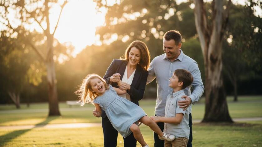 A joyful moment captured during a Huntingdale authentic candid family photography session, showing a family laughing together in a sun-drenched park, mother embracing her child with genuine affection, golden hour light, epic and emotional.