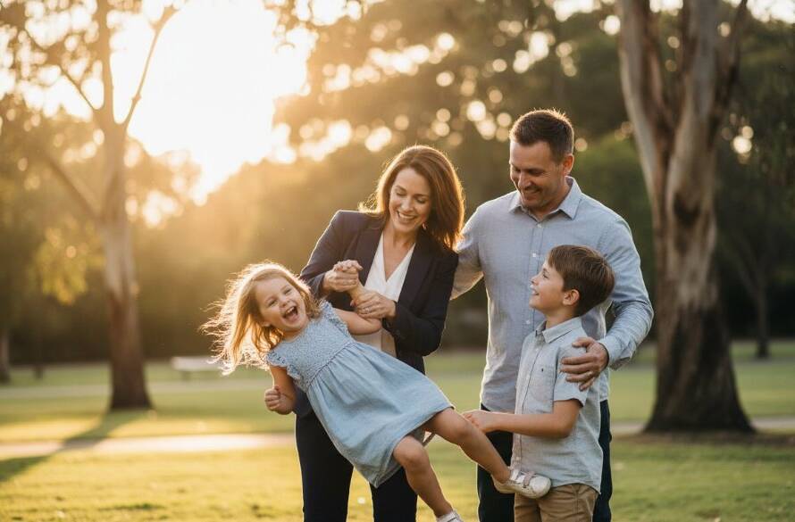 A joyful moment captured during a Huntingdale authentic candid family photography session, showing a family laughing together in a sun-drenched park, mother embracing her child with genuine affection, golden hour light, epic and emotional.