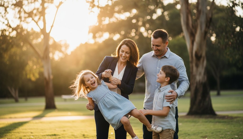 A joyful moment captured during a Huntingdale authentic candid family photography session, showing a family laughing together in a sun-drenched park, mother embracing her child with genuine affection, golden hour light, epic and emotional.